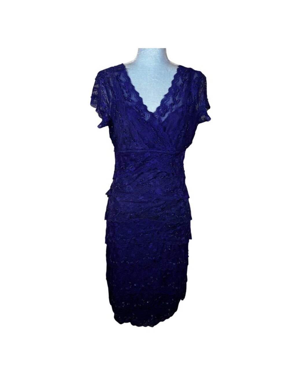 90s Lets Fashion Medium Blue/Purple Lace Beaded V-Neck Dress Partywear